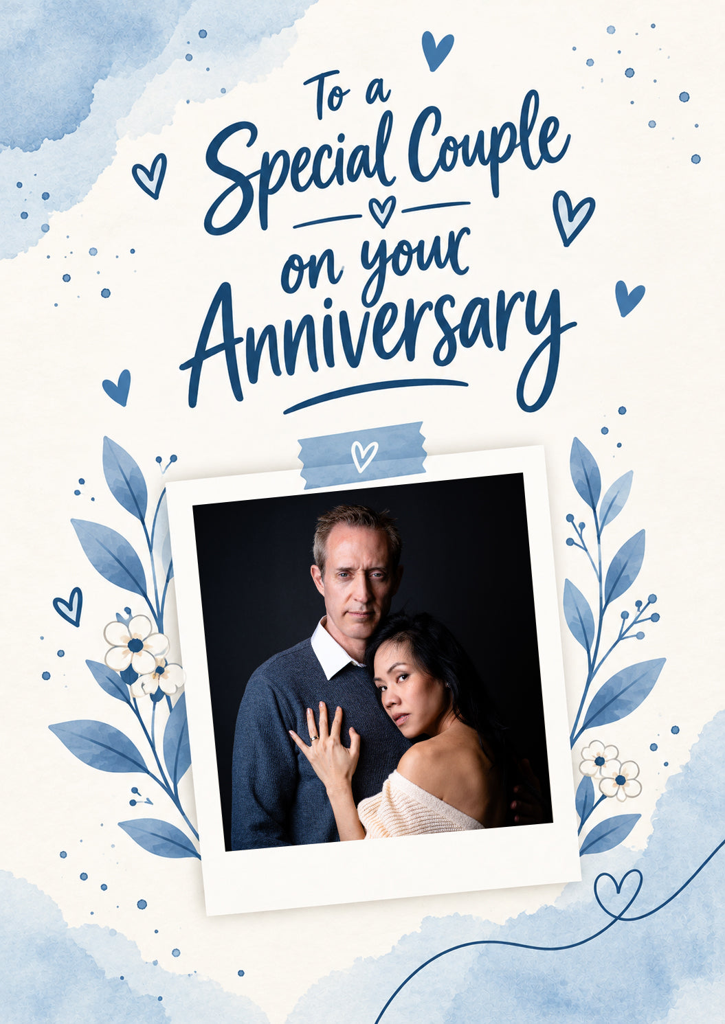 Blue Floral Special Couple Photo Upload Anniversary Card