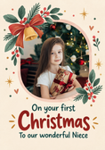Load image into Gallery viewer, Festive Bell Holly First Christmas Photo Upload Card for Niece
