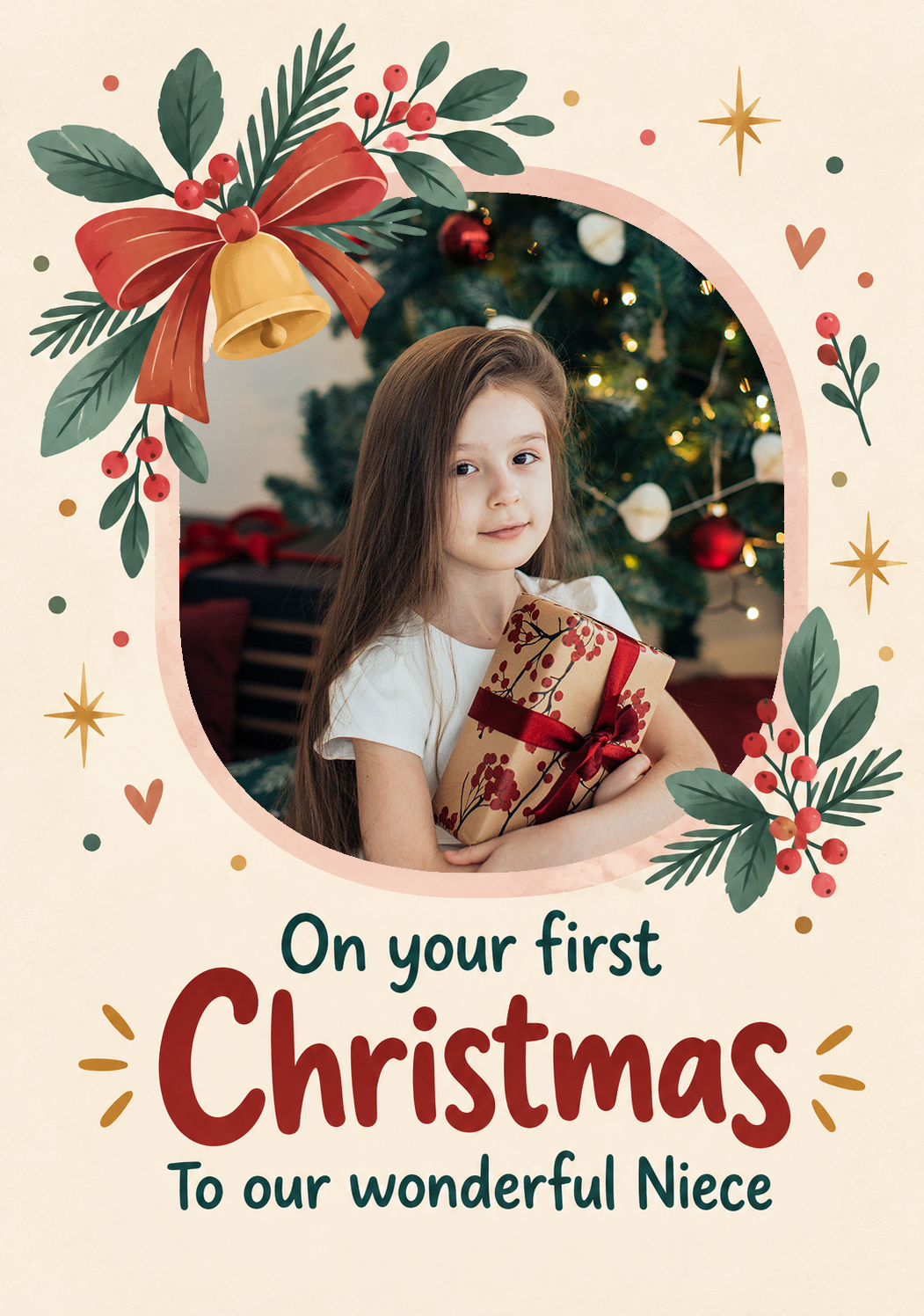 Festive Bell Holly First Christmas Photo Upload Card for Niece