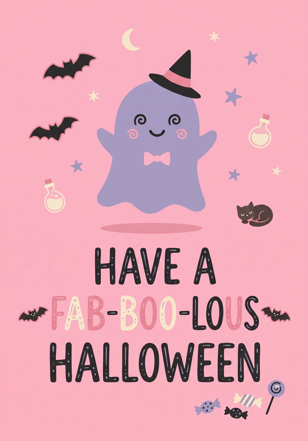 Cute Ghost Witch Hat Fab-Boo-Lous Halloween Card