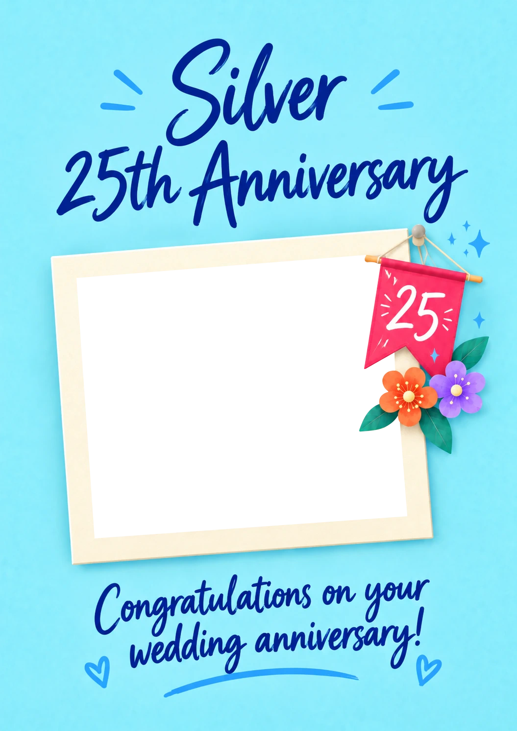Silver Floral Banner Photo Upload 25th Anniversary Card