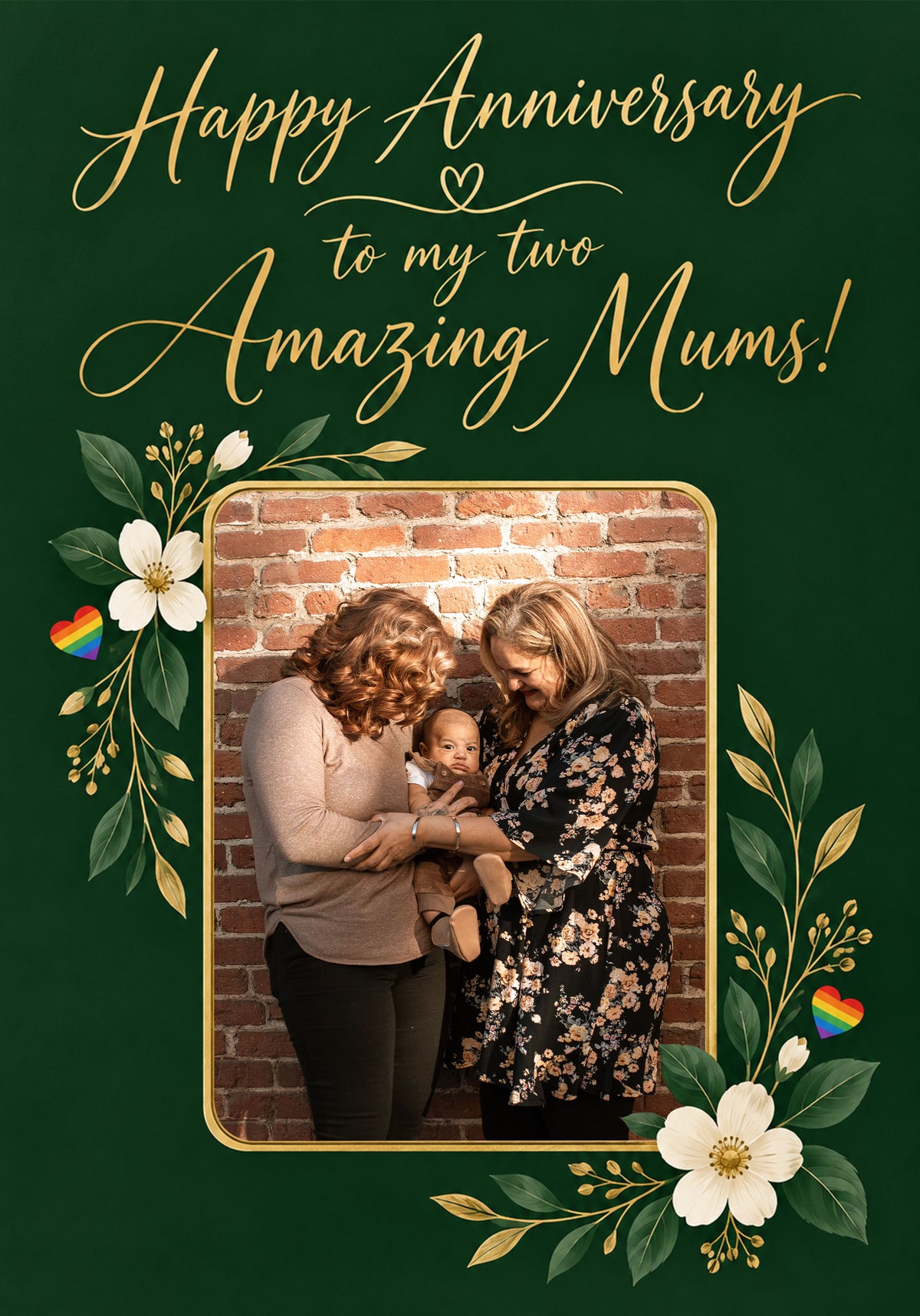 Two Mums Green Floral Photo Upload Anniversary Card