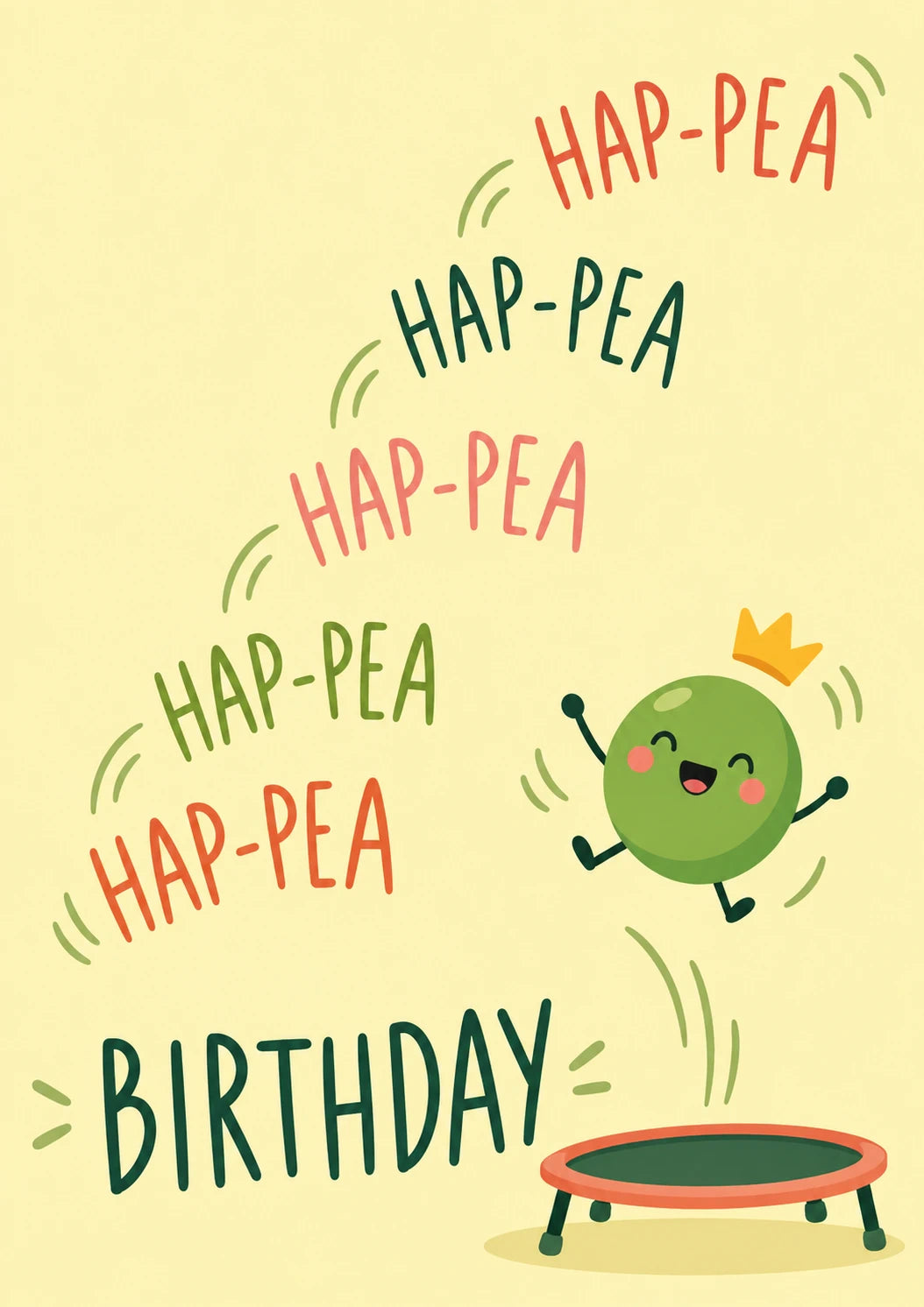 Funny Hap-Pea Bouncing Pea on Trampoline Birthday Card