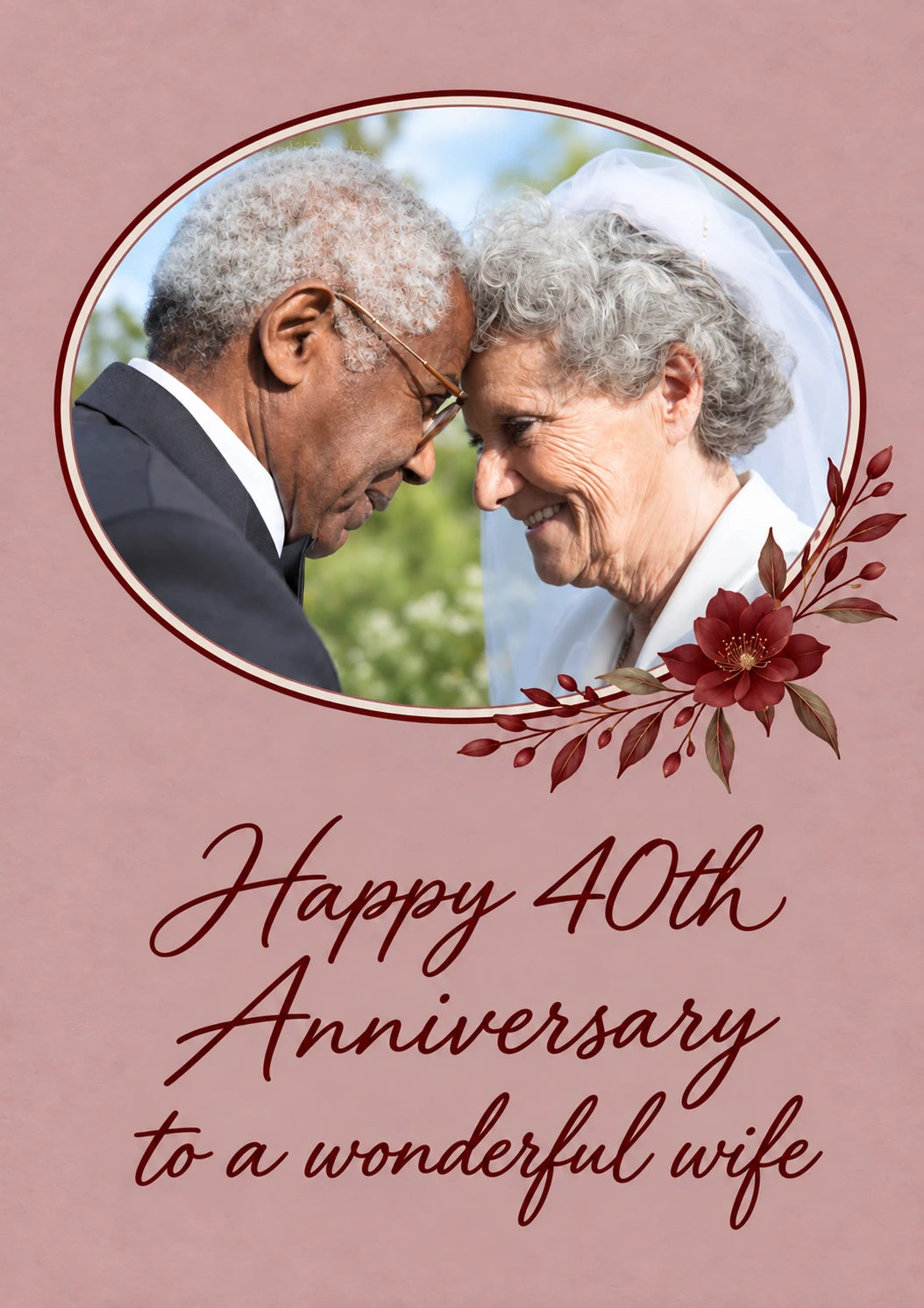 Ruby Floral Oval Photo Upload 40th Anniversary Card for Wife