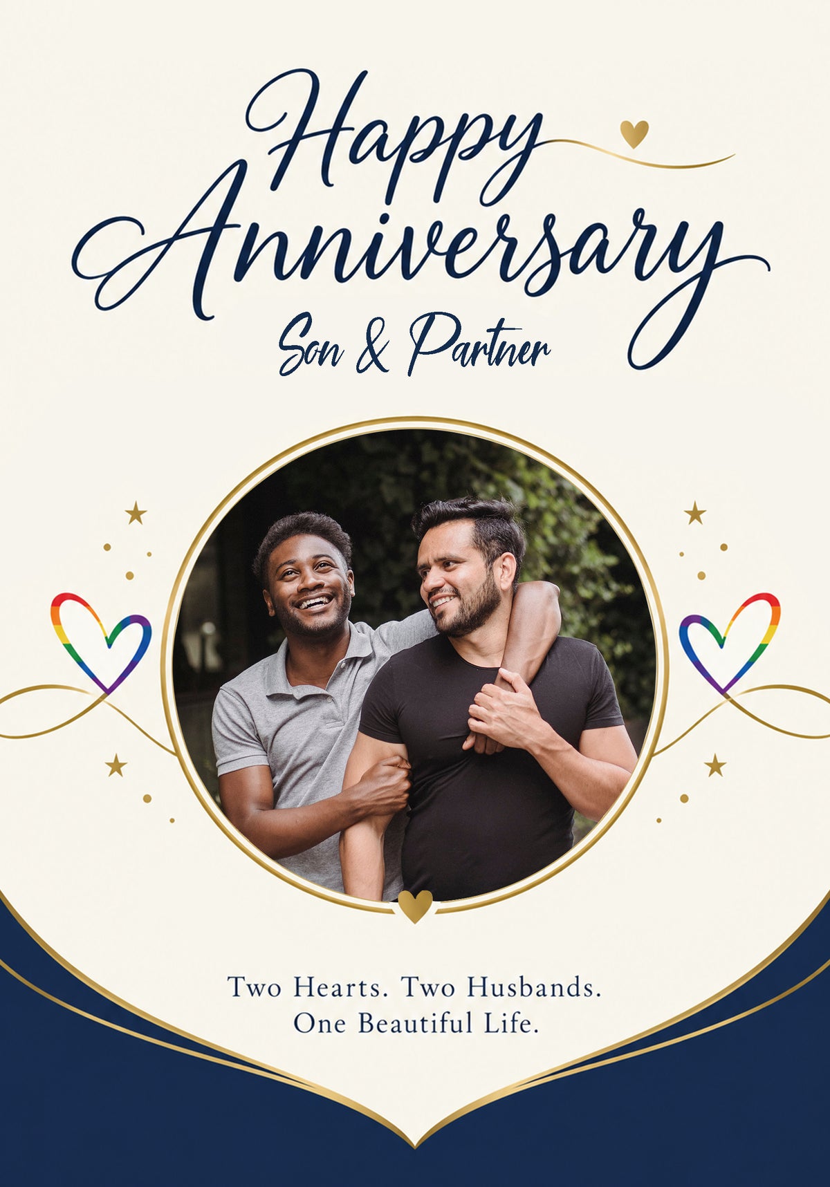 Navy Gold Hearts LGBTQ+ Son & Partner Anniversary Card