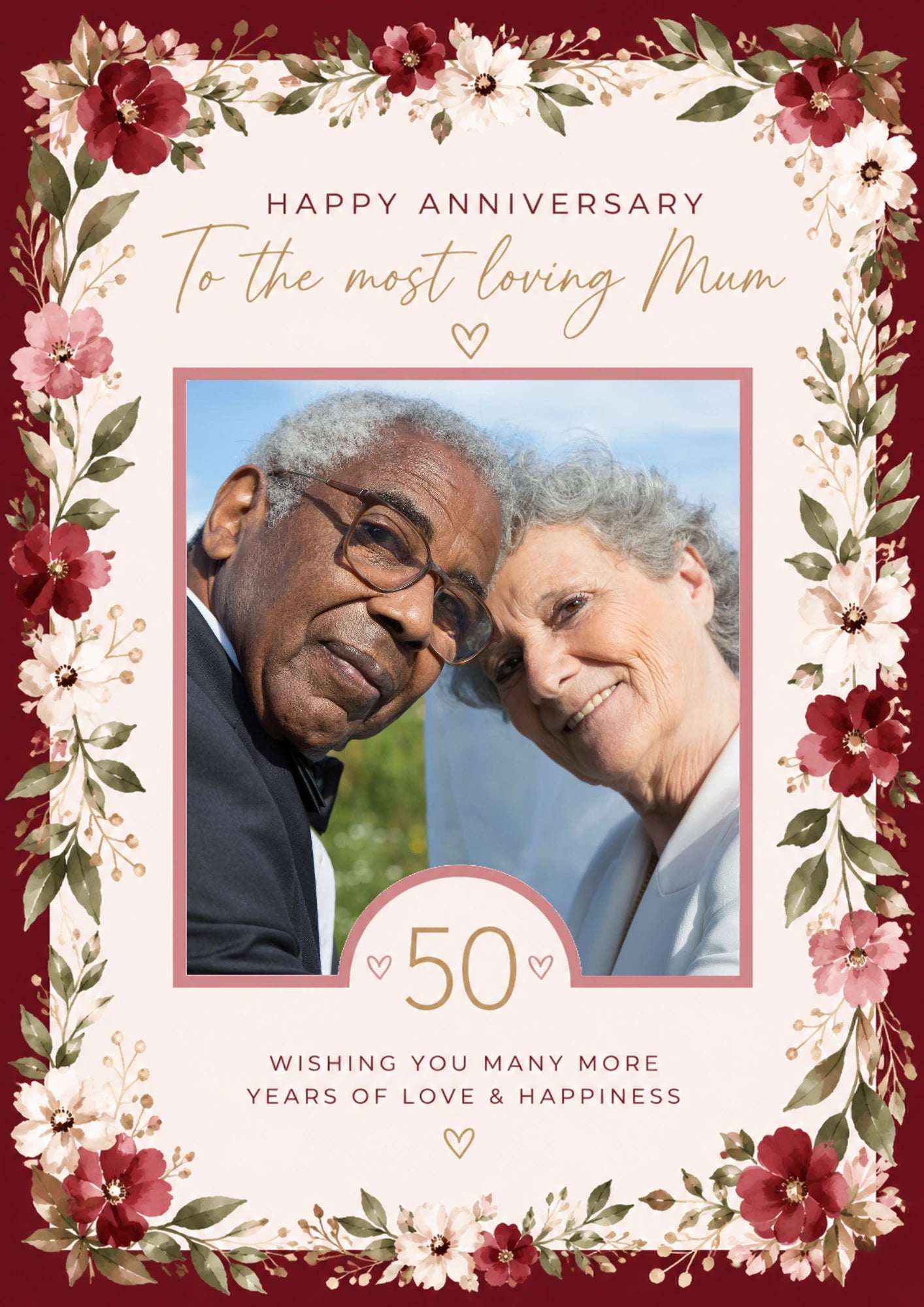 Red Floral 50th Photo Upload Anniversary Card for Her