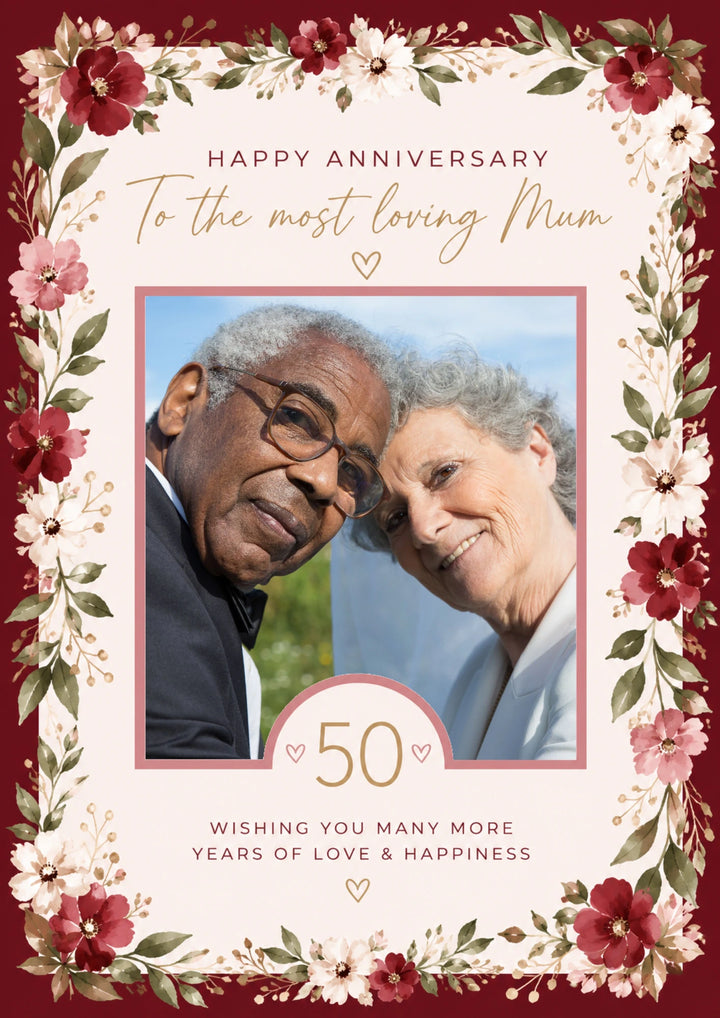 Red Floral 50th Photo Upload Anniversary Card for Her
