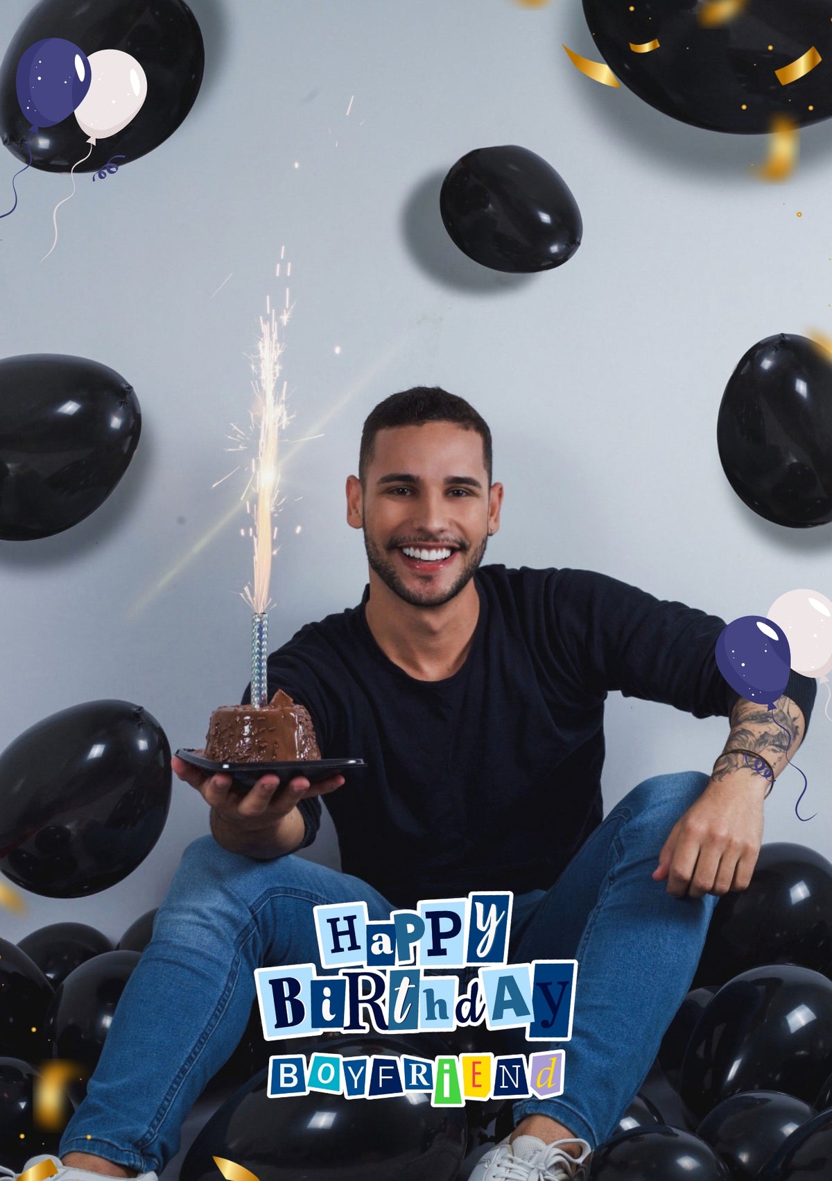 Blue Balloon Confetti Photo Upload Birthday Card for Him