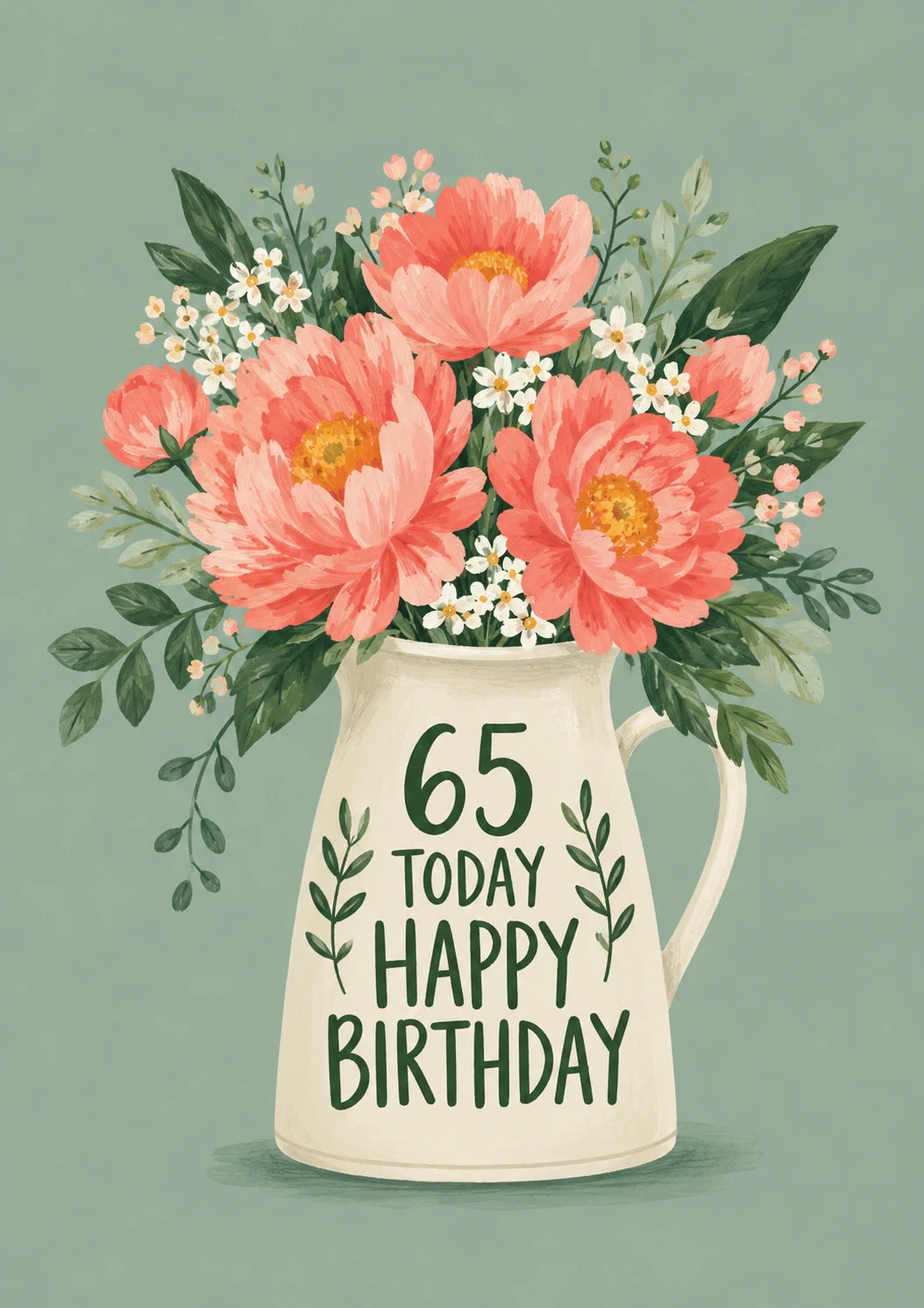 Coral Peony Jug 65th Birthday Card for Her