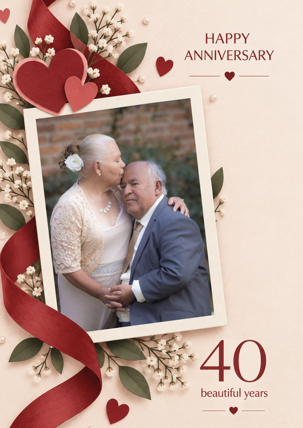 Ruby Hearts and Ribbon Photo Upload 40th Anniversary Card