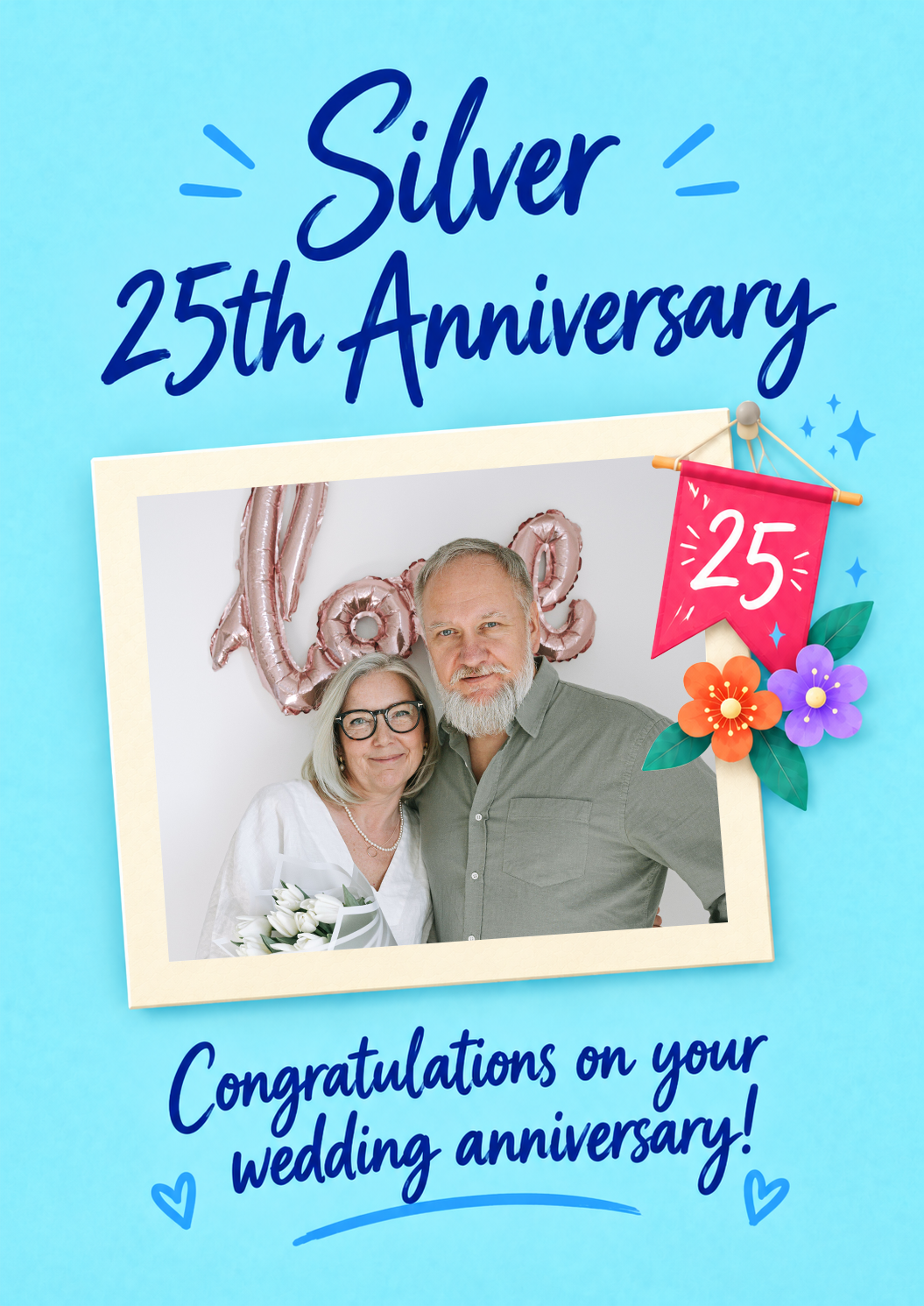 Silver Floral Banner Photo Upload 25th Anniversary Card