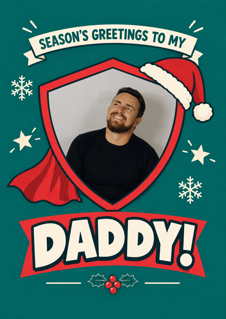 Superhero Shield Photo Upload Christmas Card for Step Dad