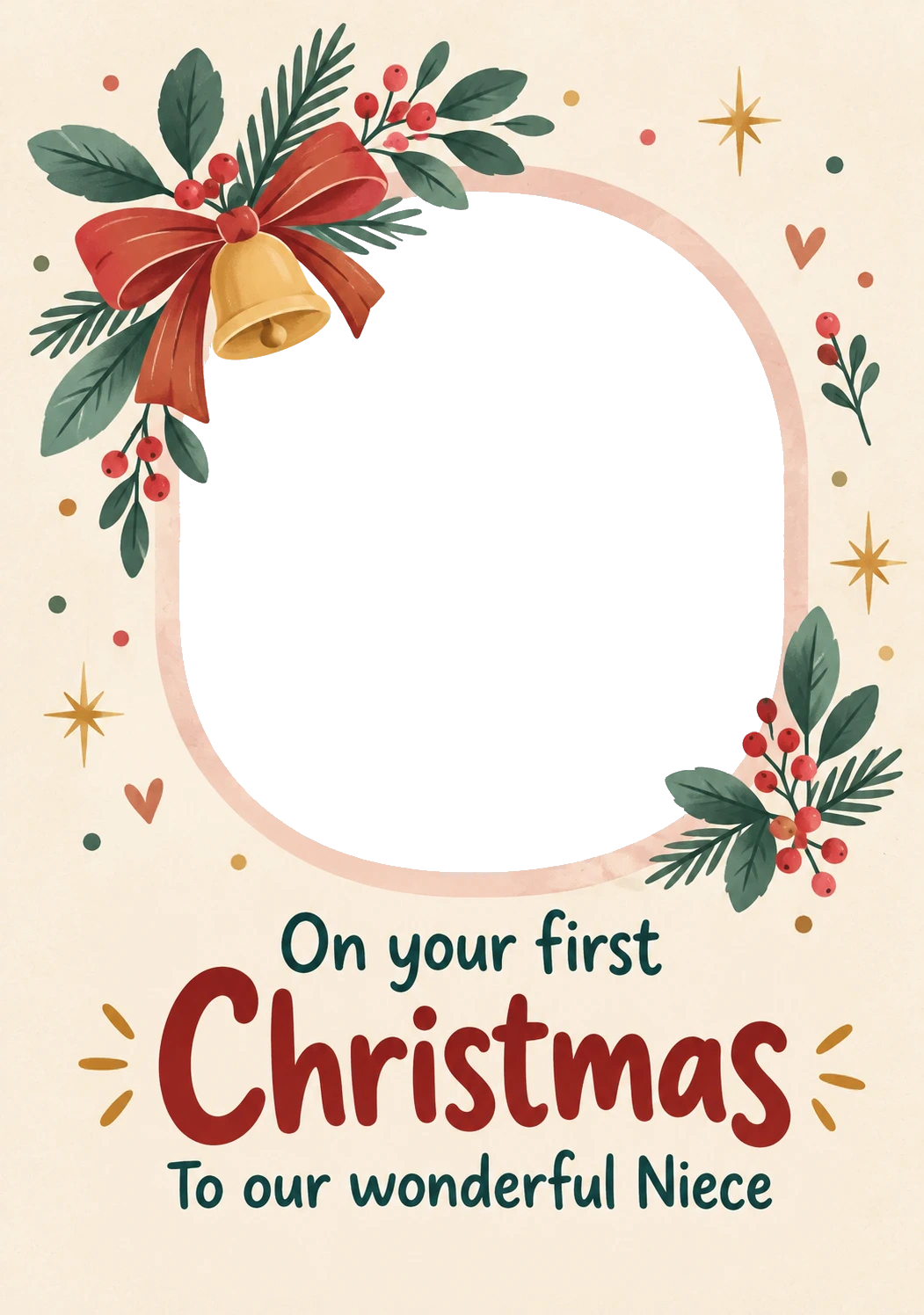Festive Bell Holly First Christmas Photo Upload Card for Niece