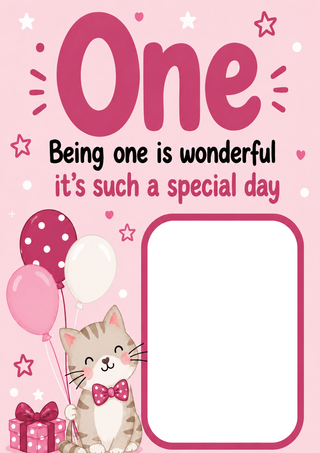 Cute Cat and Balloons Being One Photo Upload 1st Birthday Card for Her