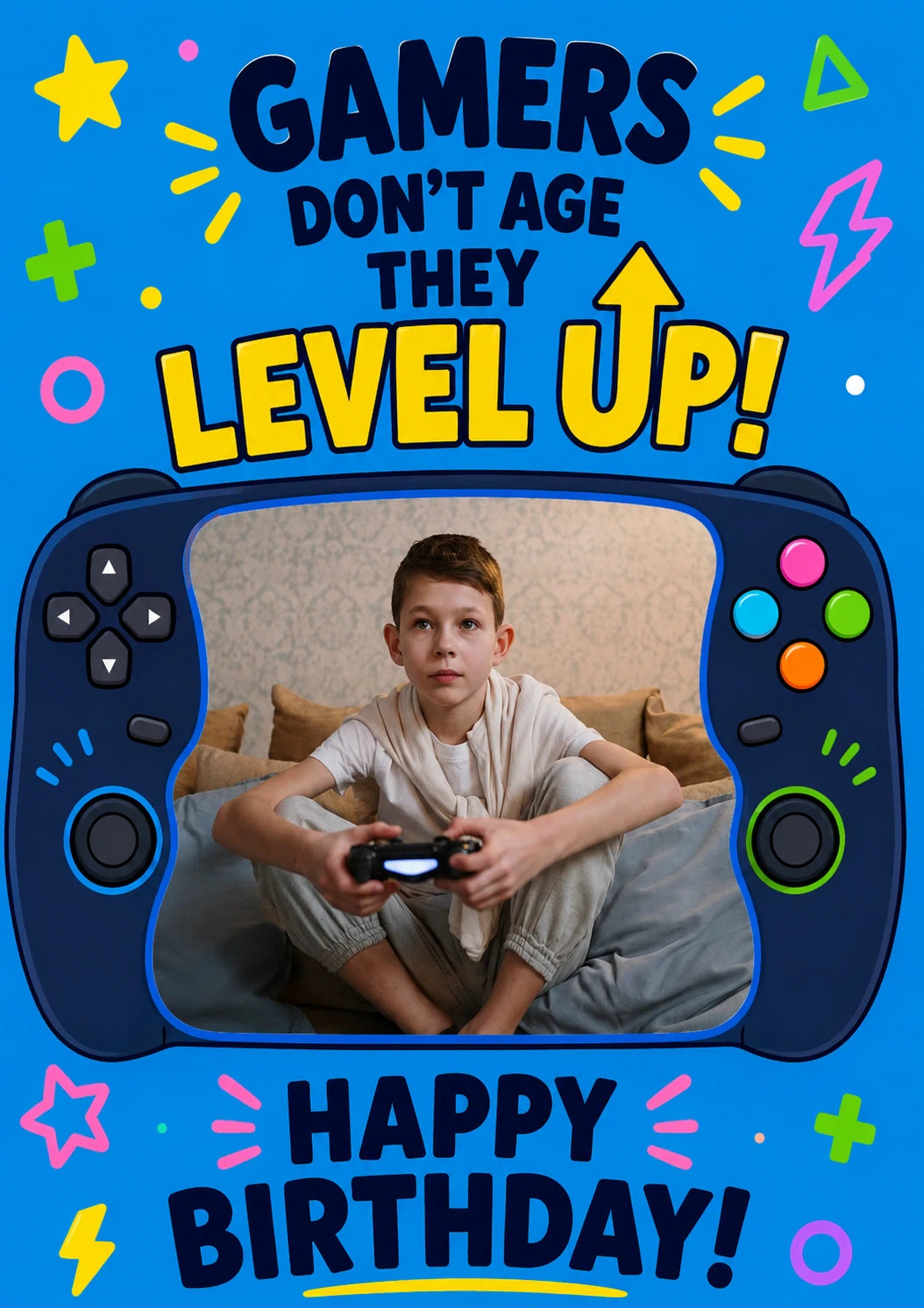 Funny Gamers Level Up Photo Upload Birthday Card for Him