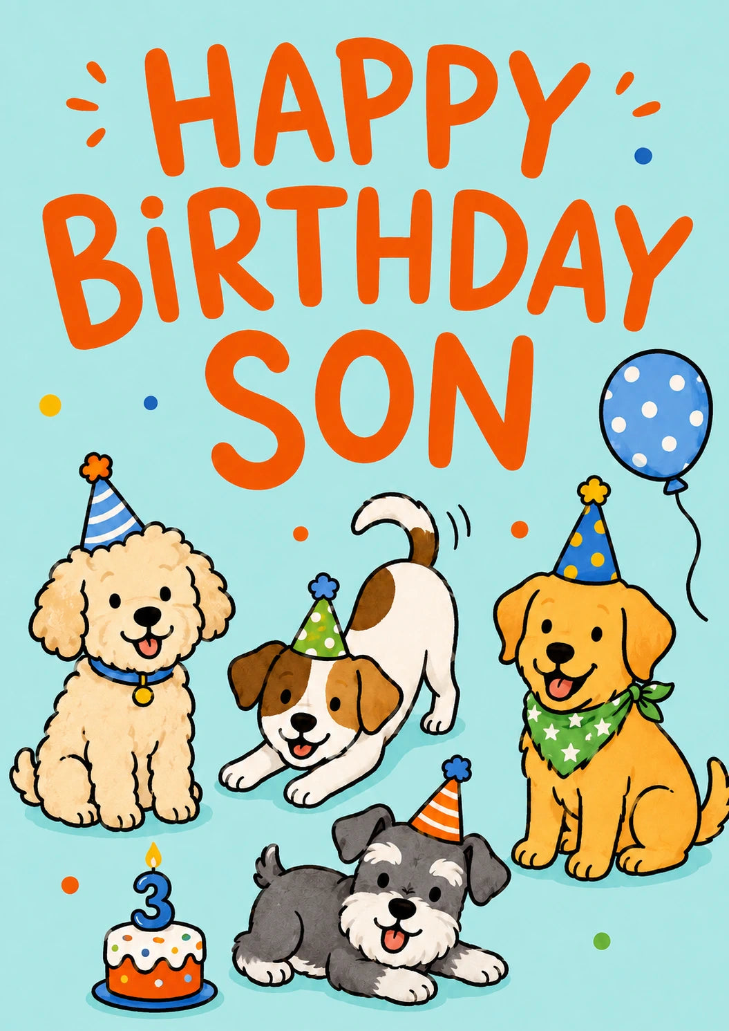 Cute Party Puppies Son 3rd Birthday Card for Him