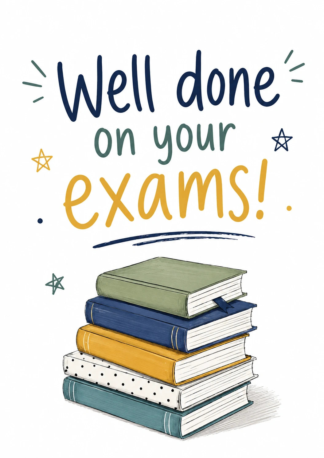 Well Done on Your Exams Stacked Books GCSEs Card