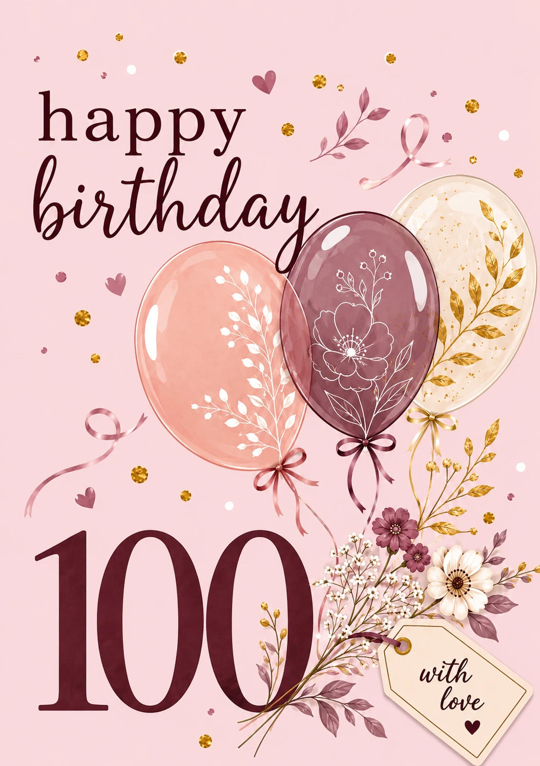 Rose Gold Floral Balloons 100th Birthday Card for Her