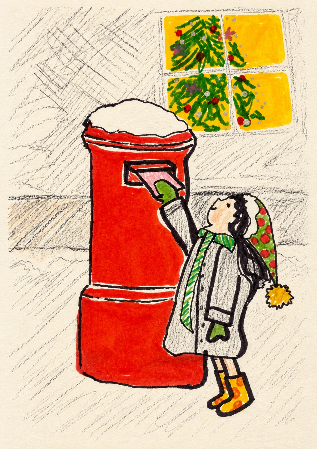 Girl Posting Letter Red Pillar Box Christmas Card for Her