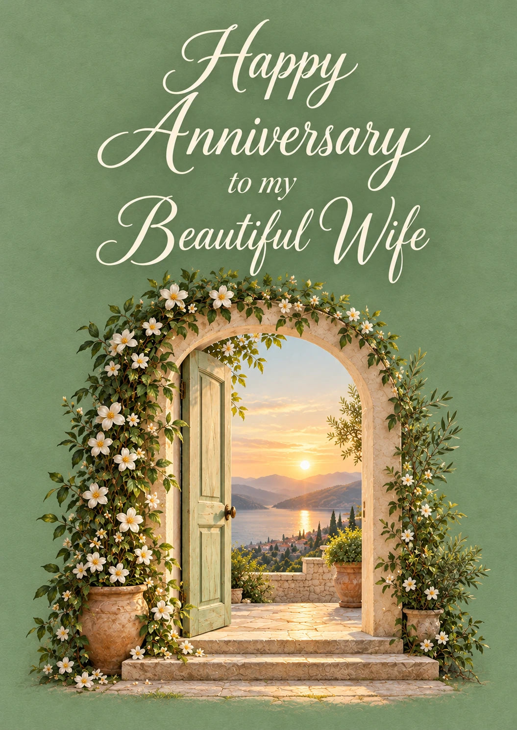 Floral Archway Sunset Anniversary Card for Wife