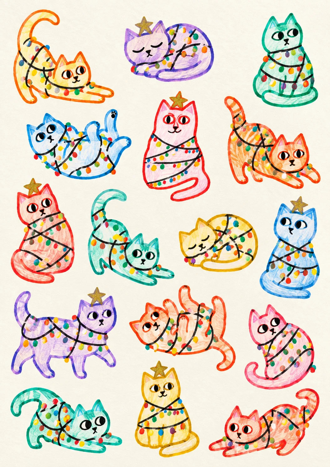 Cute Christmas Cats with Fairy Lights Christmas Card