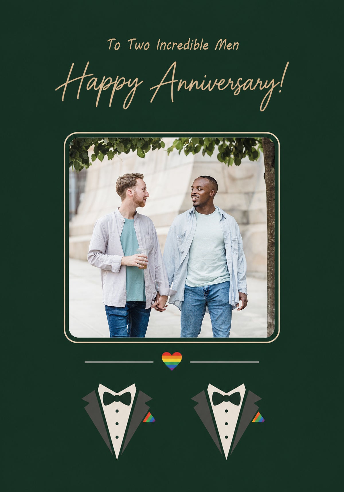 Two Tuxedos Rainbow Heart Photo Upload Anniversary Card