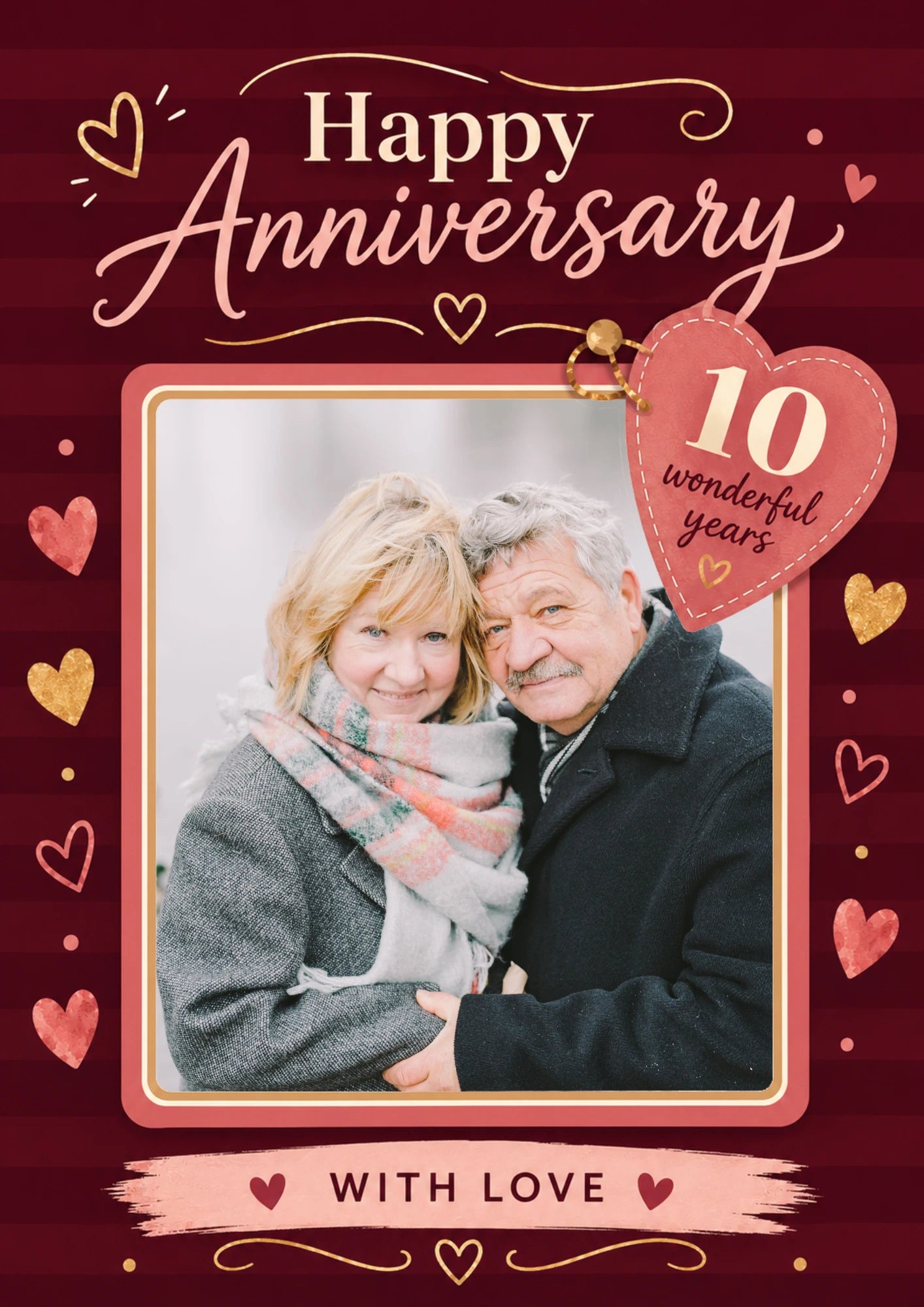 Red Hearts 10 Wonderful Years Photo Upload Anniversary Card