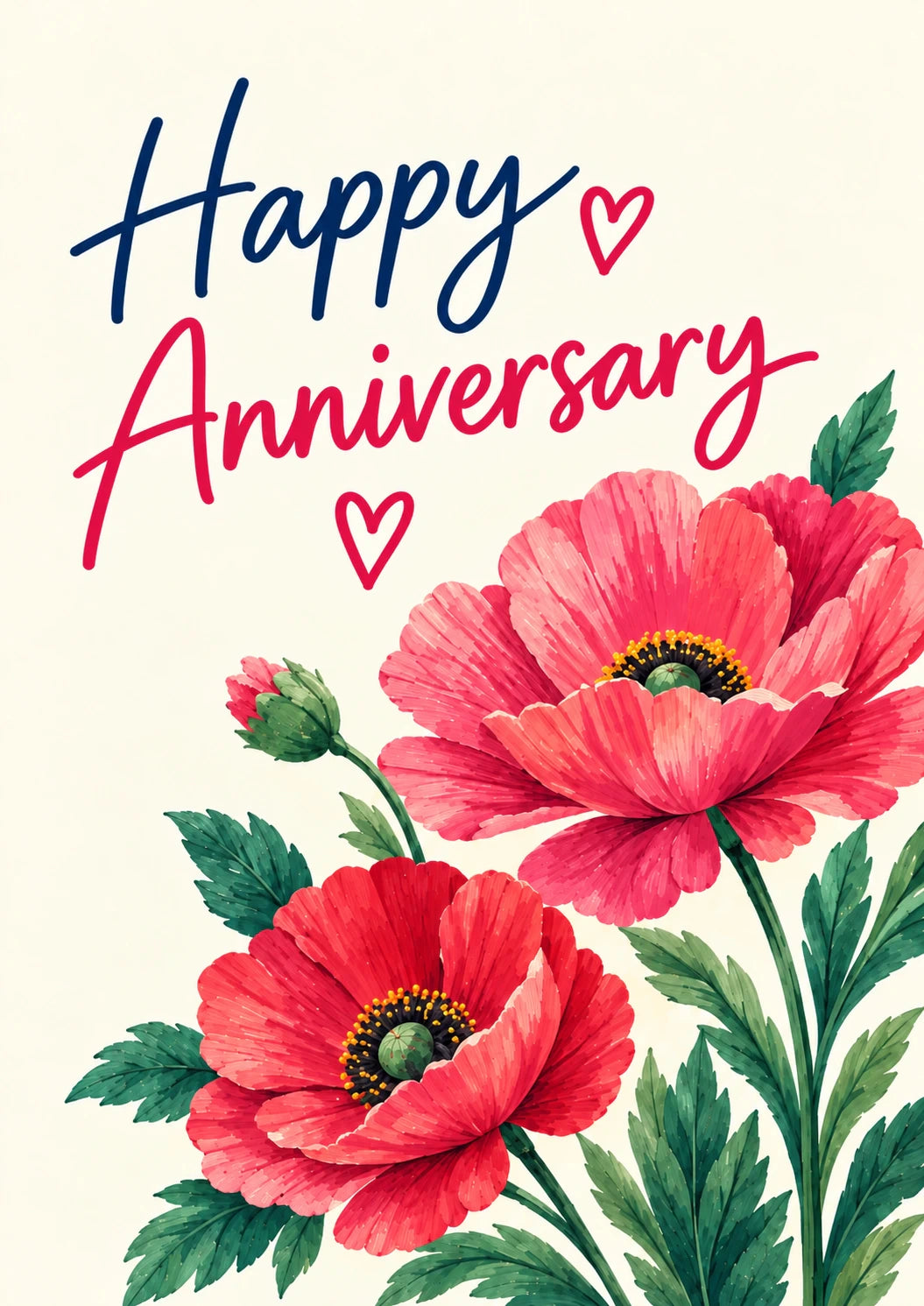 Red Poppy Floral Happy Anniversary Card for Her