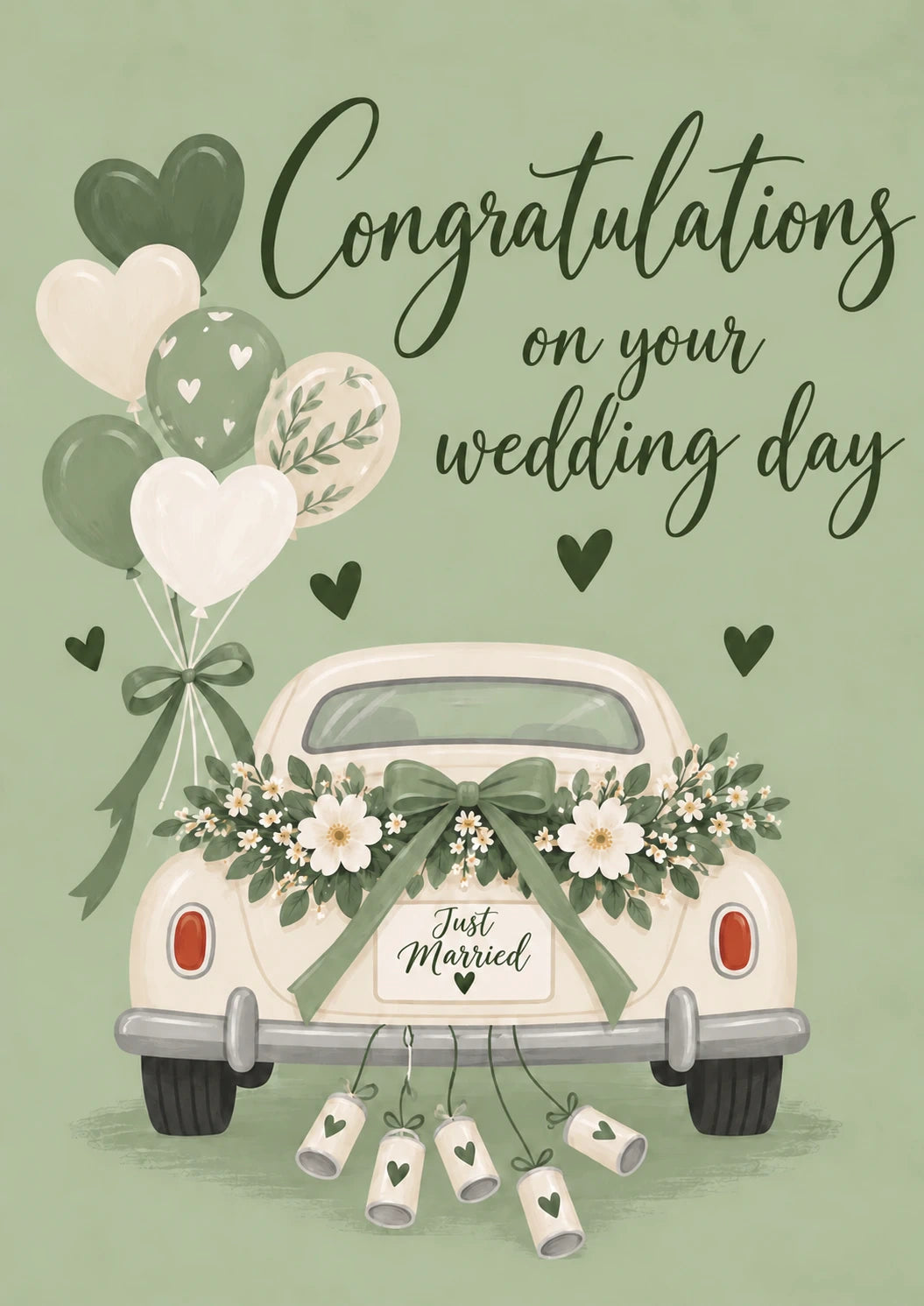 Just Married Floral Car Sage Green Wedding Card