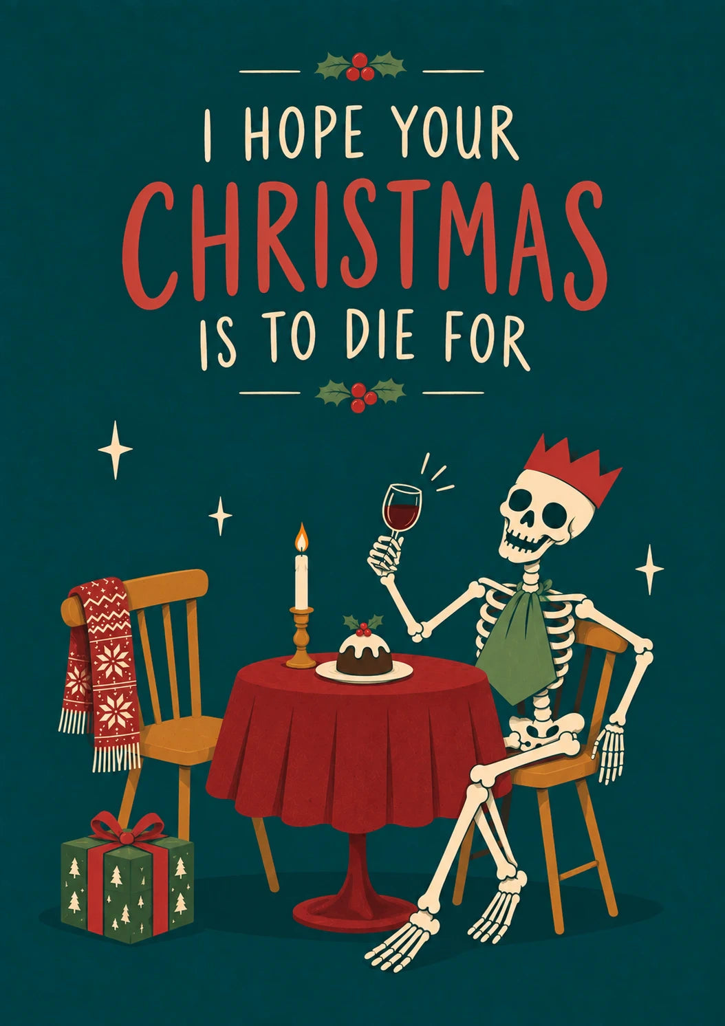Funny Skeleton Dining To Die For Christmas Card for Her
