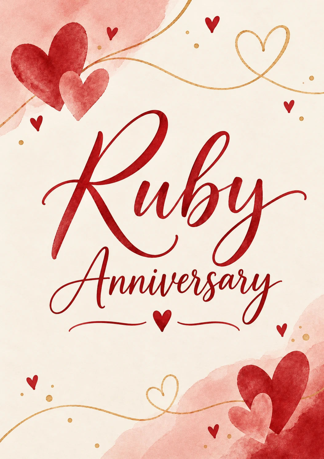 Ruby Red Hearts Watercolour 40th Anniversary Card