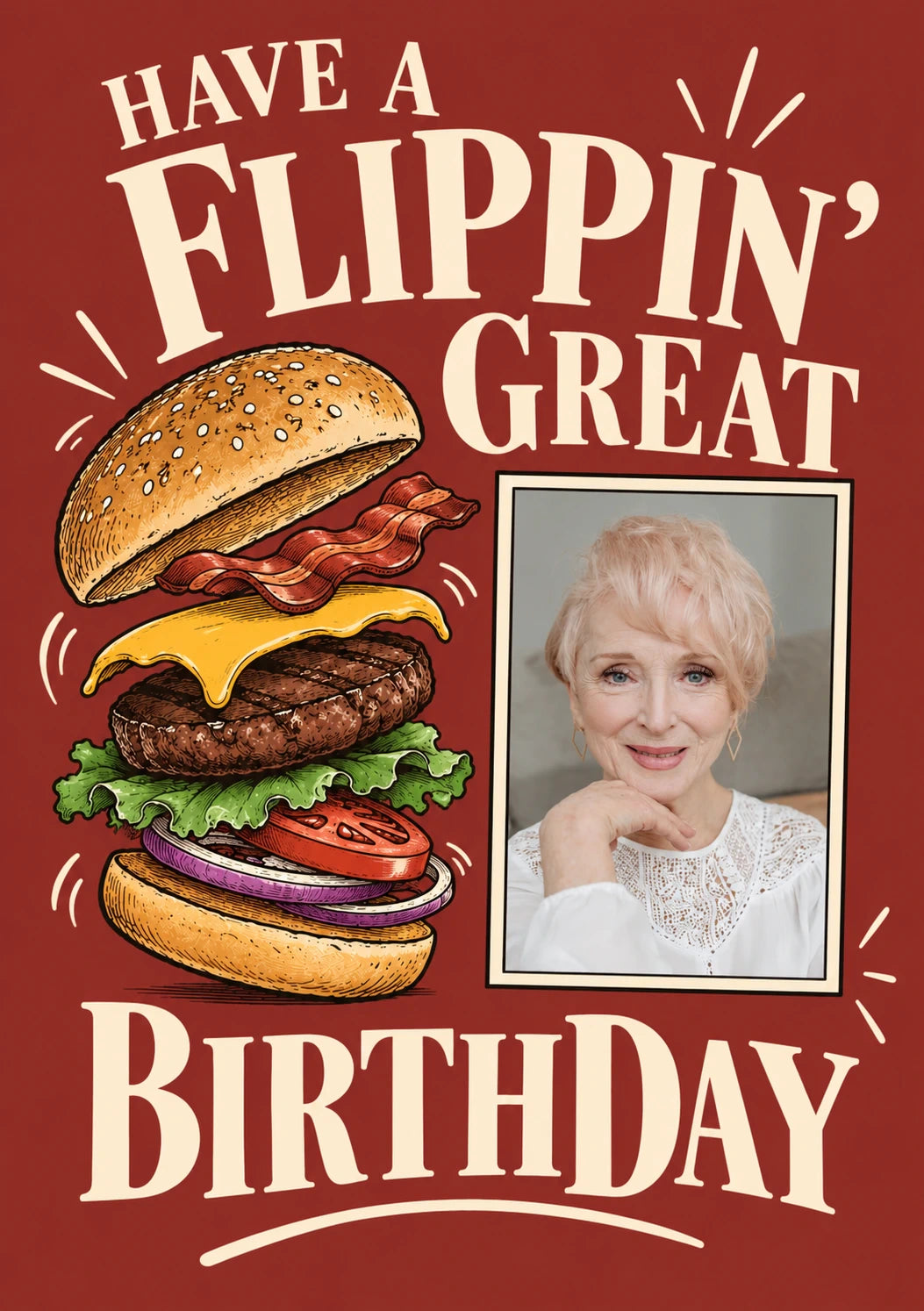 Funny Flippin' Great Burger Photo Upload Birthday Card for Her