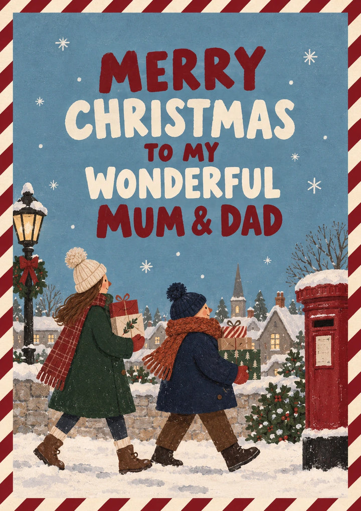 Snowy Village Scene Merry Christmas Card for Mum and Dad