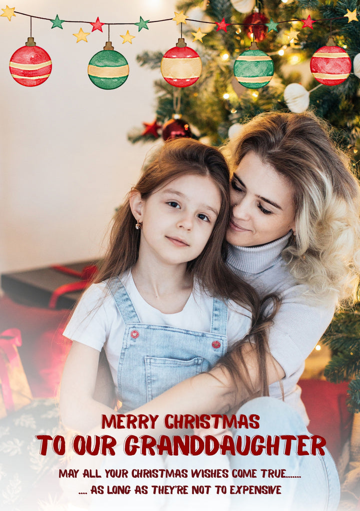 Funny Hanging Baubles Photo Upload Christmas Card for Granddaughter