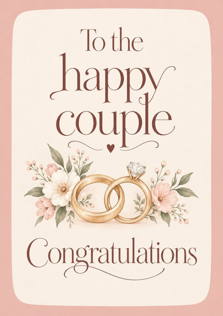 Happy Couple Gold Rings Floral Wedding Card