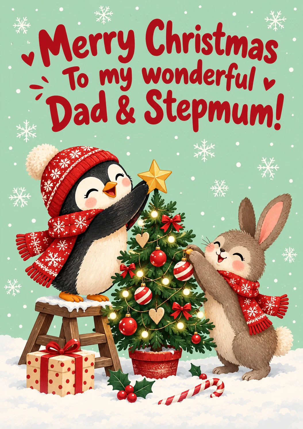 Penguin and Bunny Decorating Tree Christmas Card for Dad and Stepmum