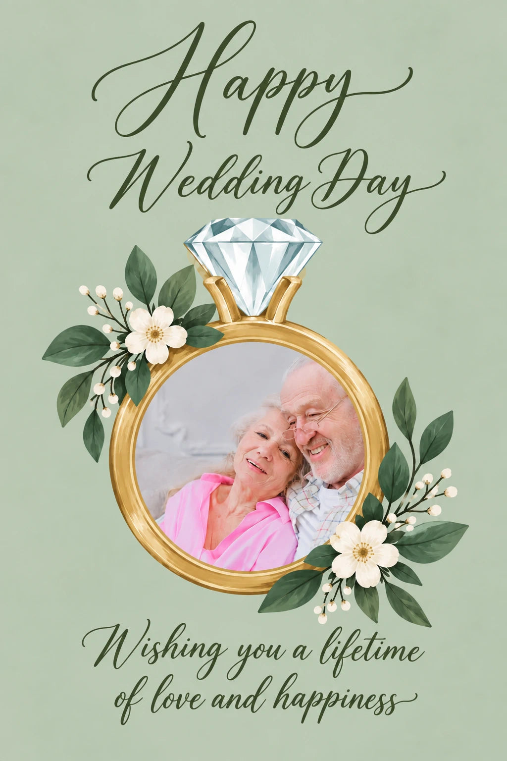 Diamond Ring Floral Photo Upload Wedding Card