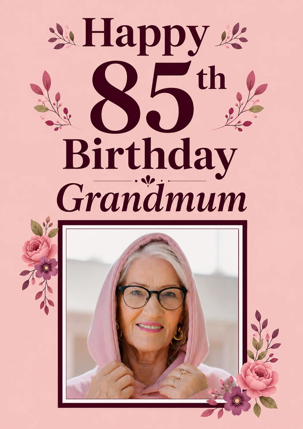 Pink Floral 85th Birthday Grandmum Photo Upload Birthday Card for Her