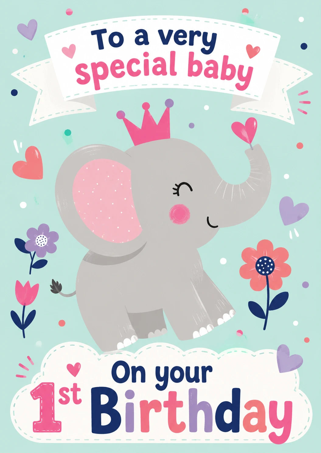 Cute Princess Elephant 1st Birthday Card for Her