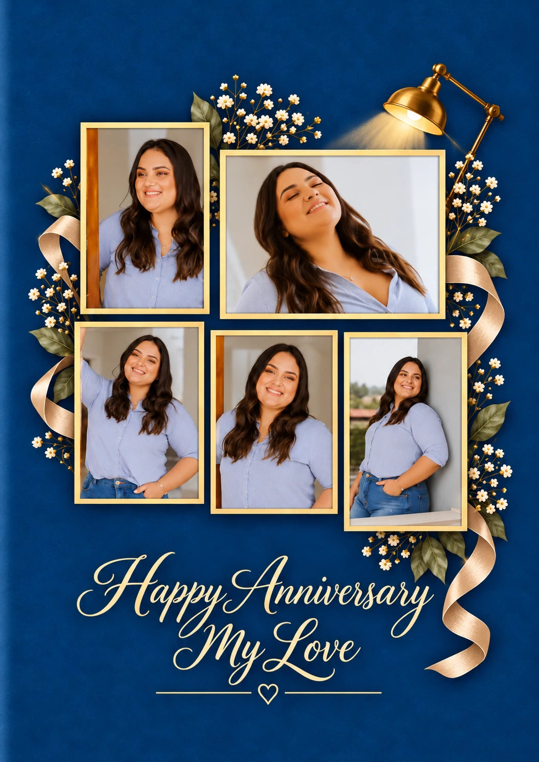 Blue Gold Floral Five Photo Upload Anniversary Card for Wife