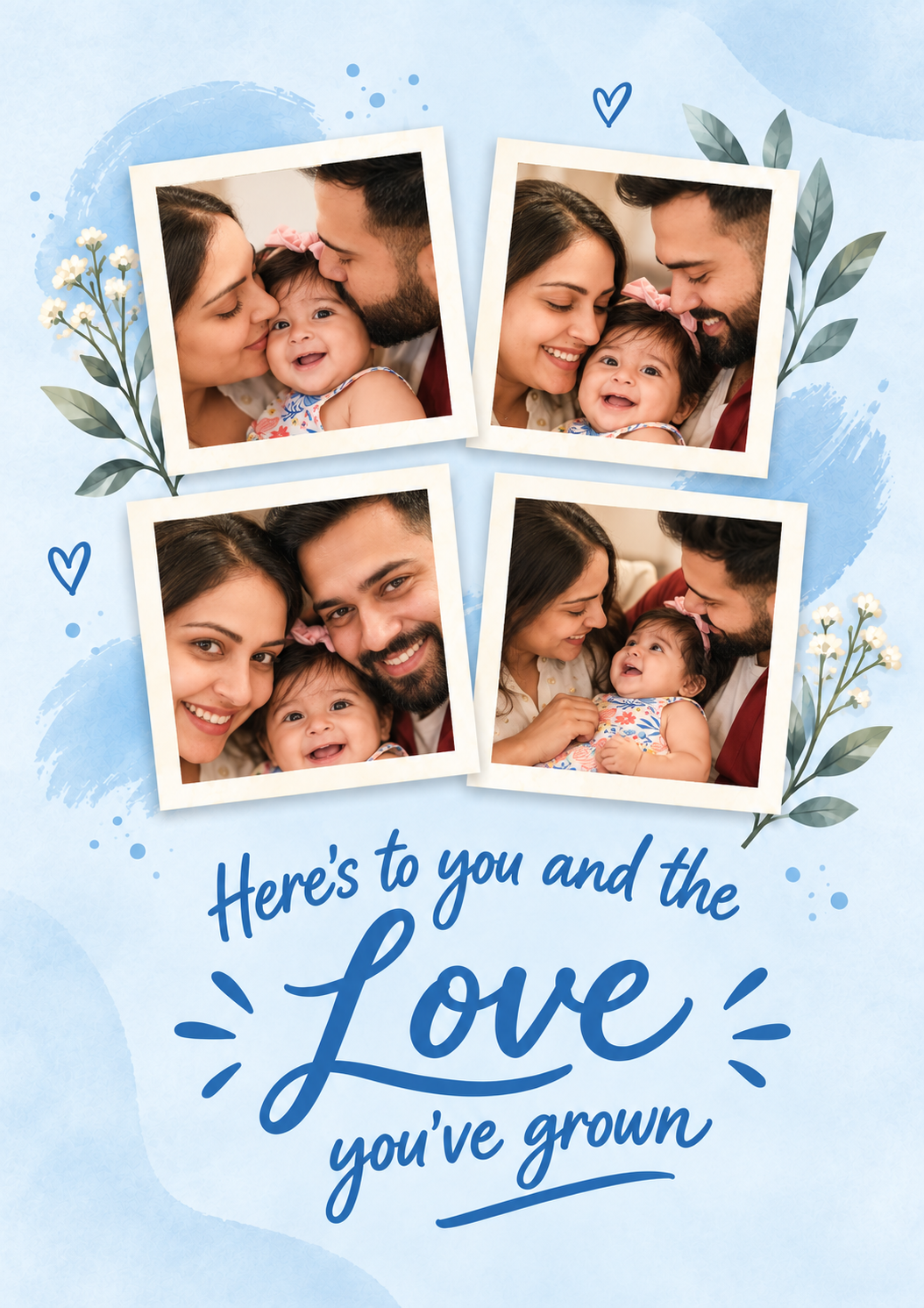 Four Photo Blue Floral Photo Upload New Baby Card for Daughter