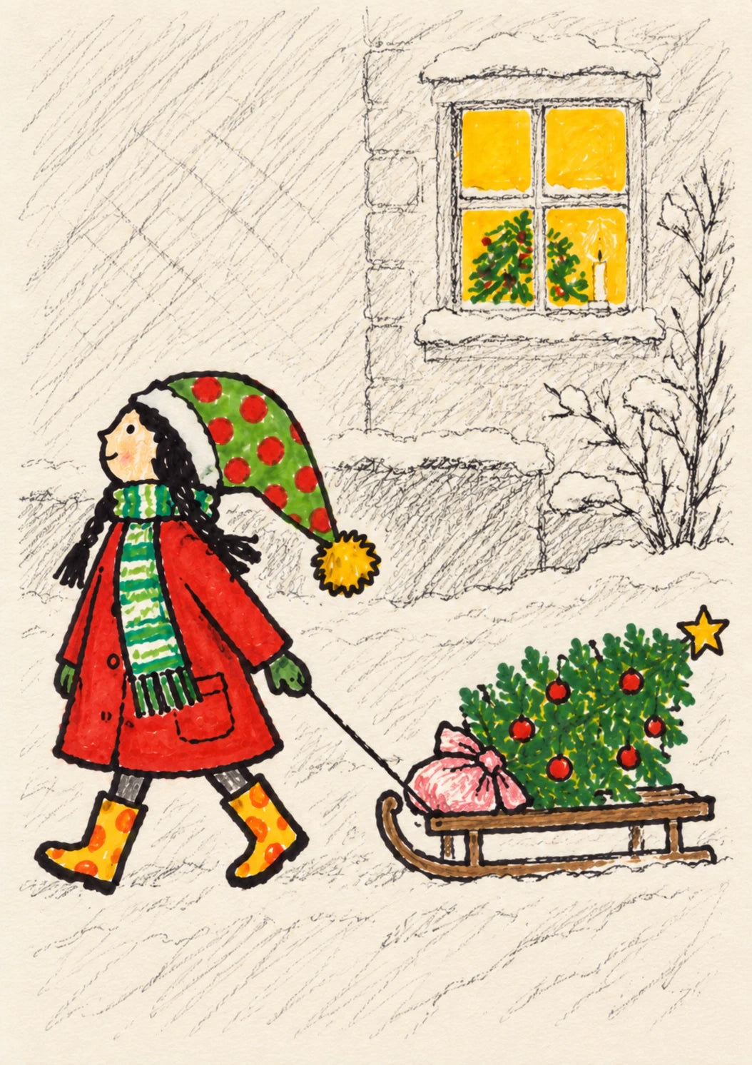 Girl Pulling Christmas Tree Sledge Christmas Card for Her