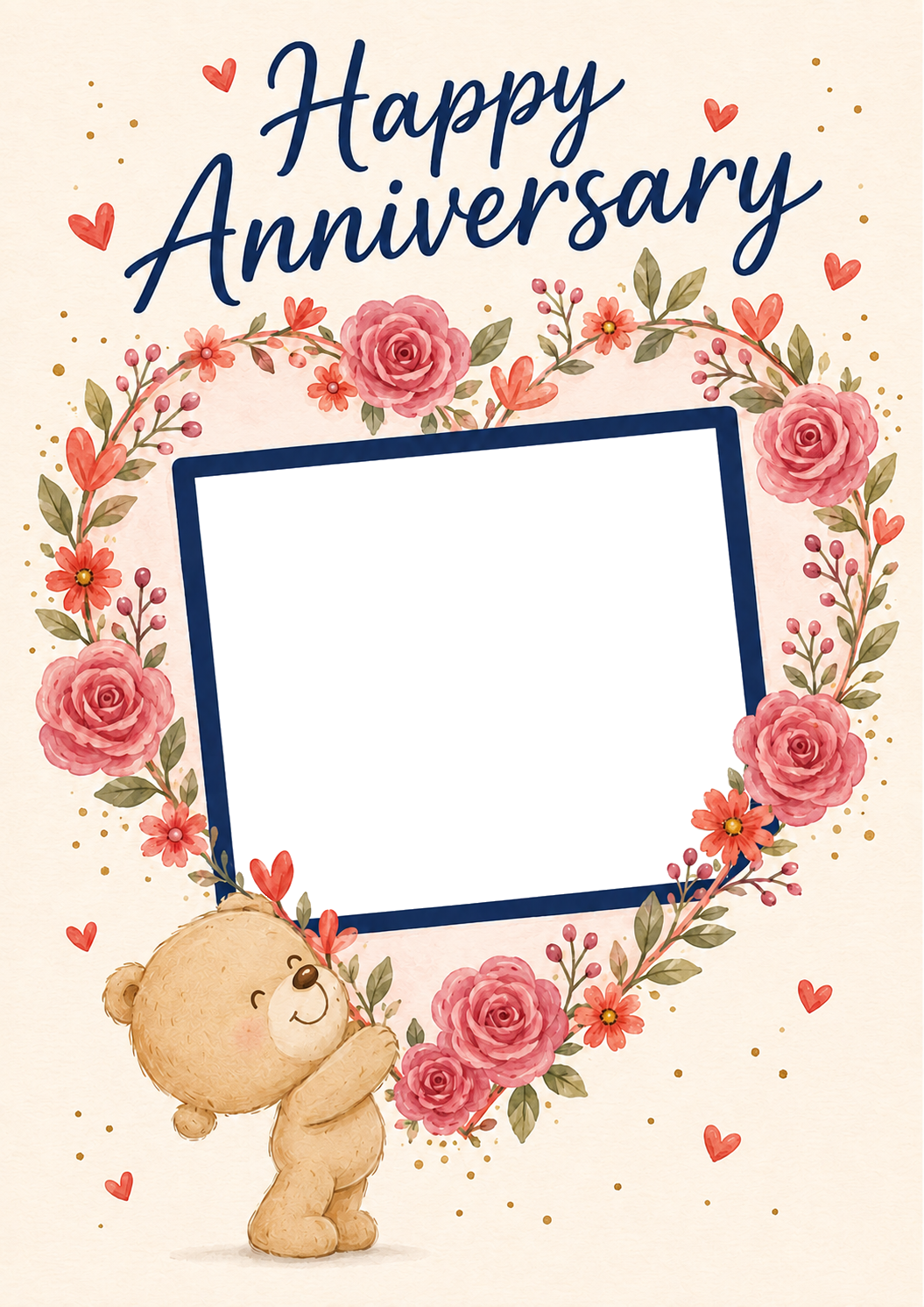 Cute Bear Floral Heart Photo Upload Anniversary Card