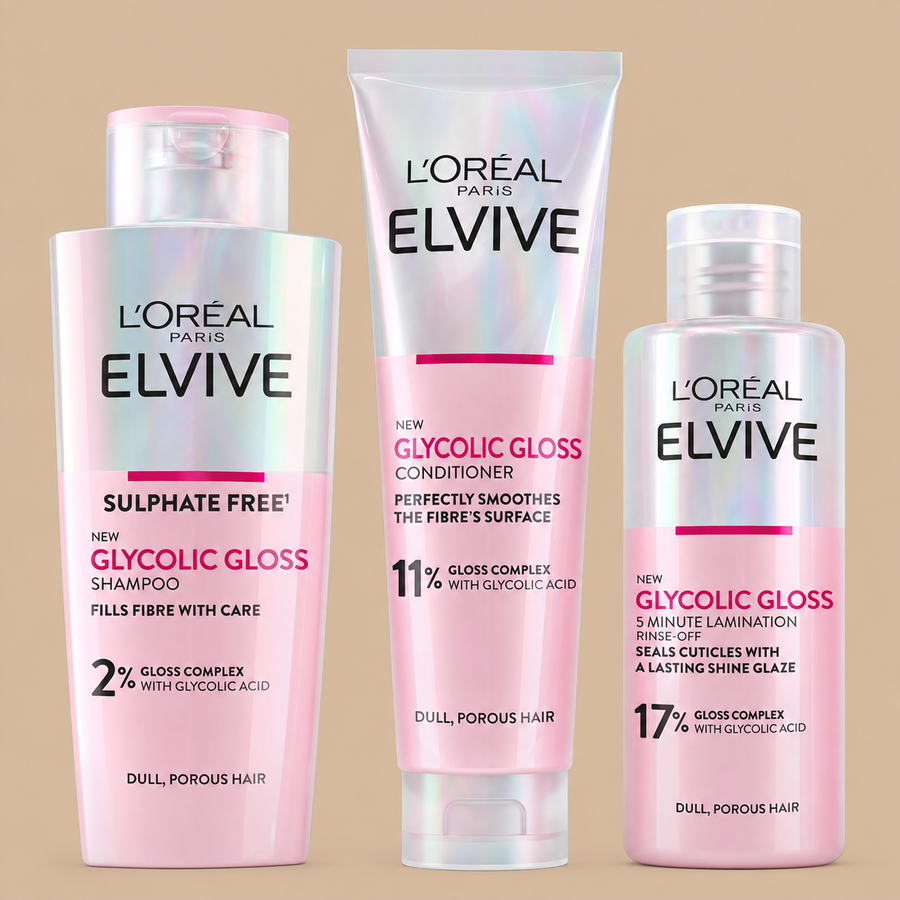 L’Oréal Paris Elvive Glycolic Gloss Shampoo, Conditioner & Treatment Set