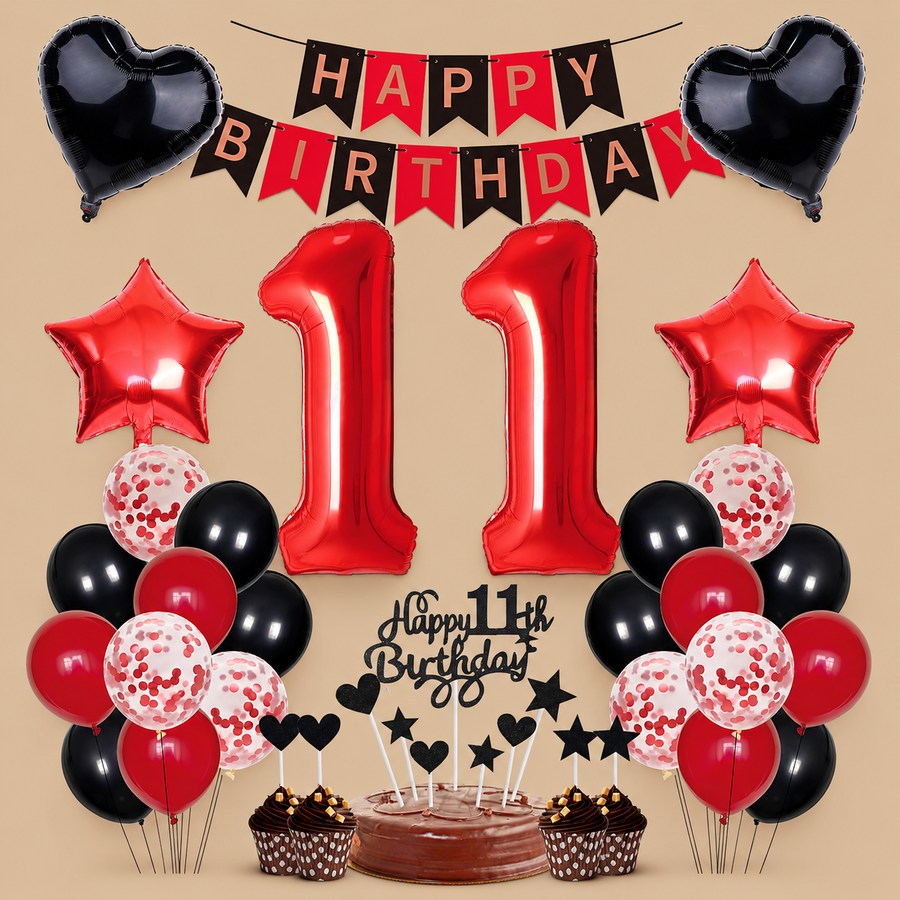 11th Birthday Red & Black Balloon Banner Set