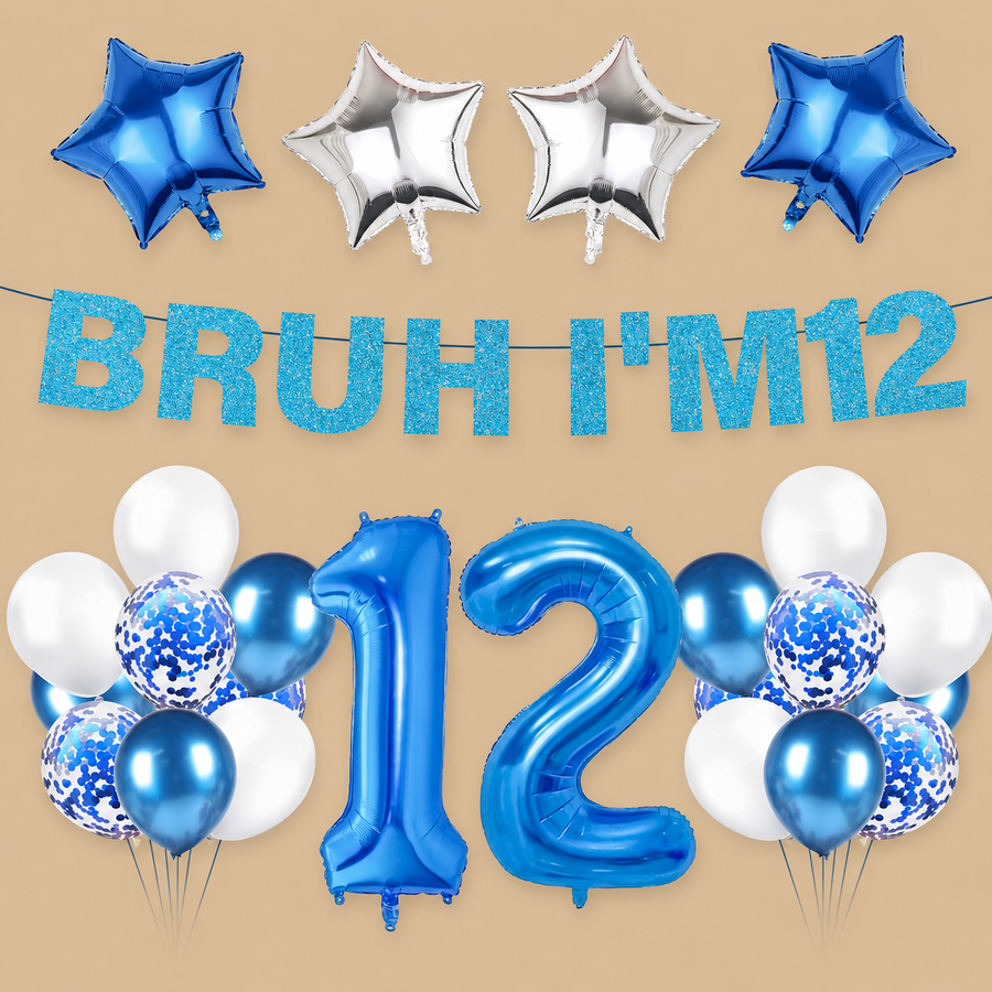 12th Birthday Blue “Bruh I’m 12” Glitter Banner Balloon Set