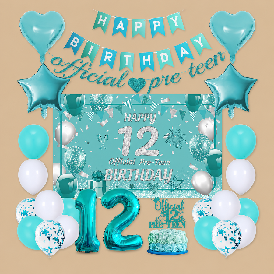 12th Birthday Teal Blue Balloon & Banner Set