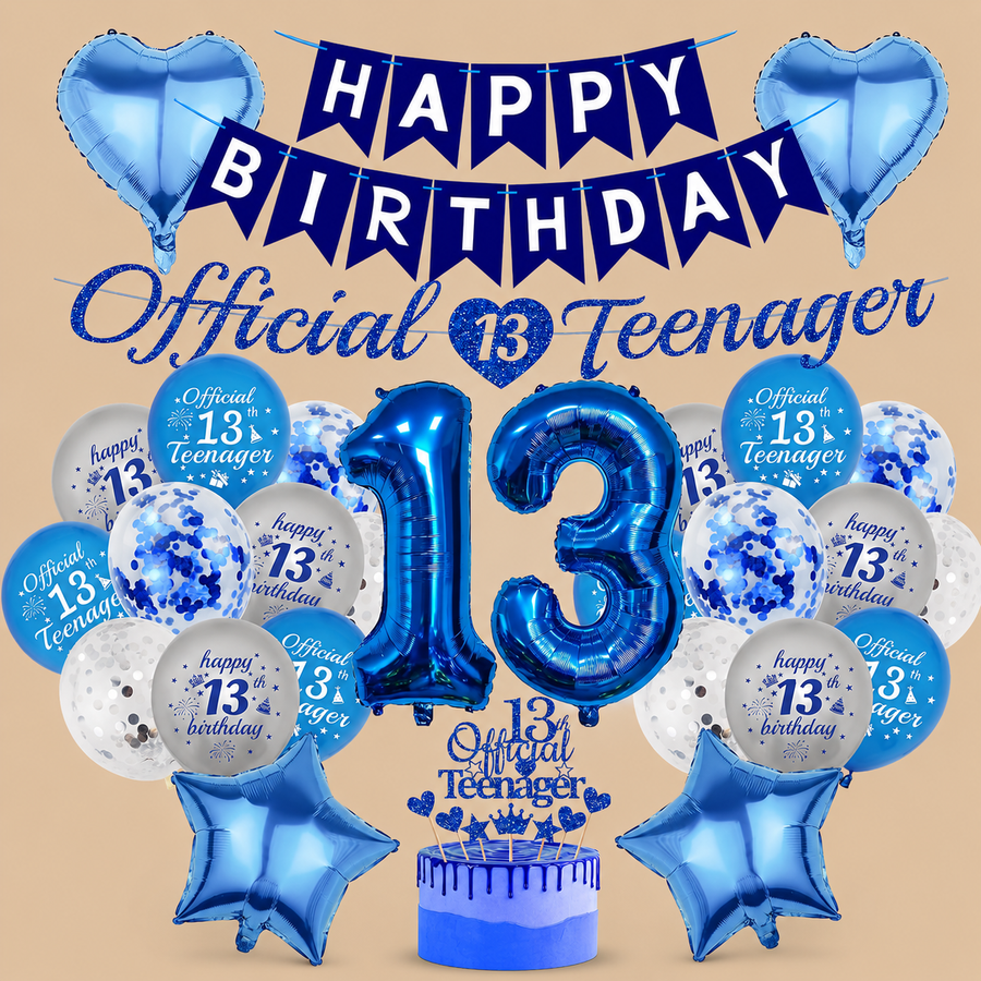 13th Birthday Blue Balloon & Banner Set