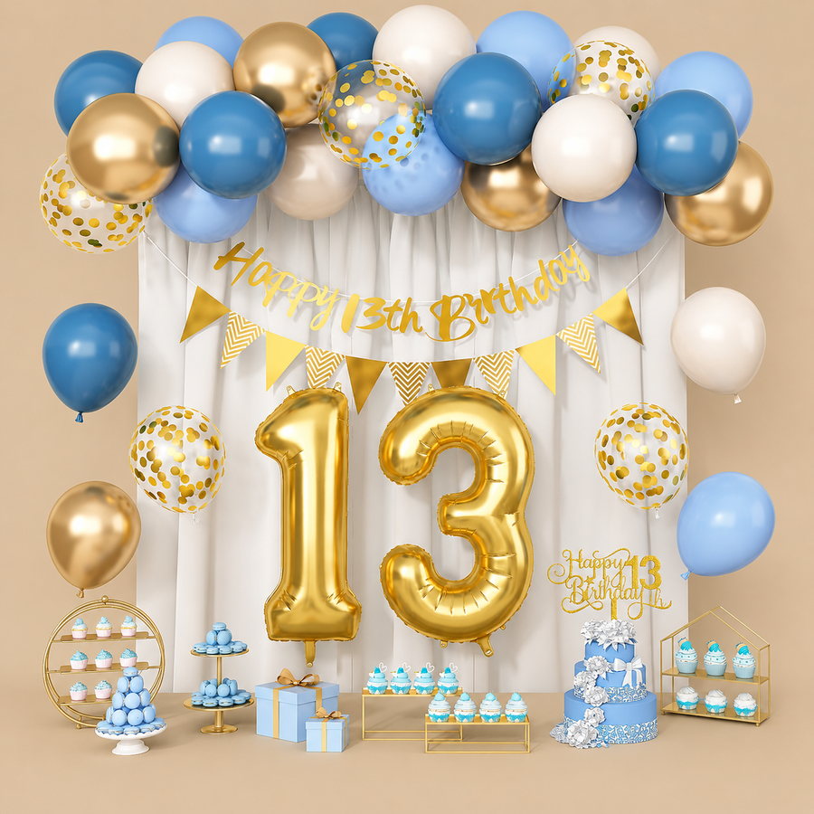 13th Birthday Dusty Blue, Cream, White & Gold Balloon Set