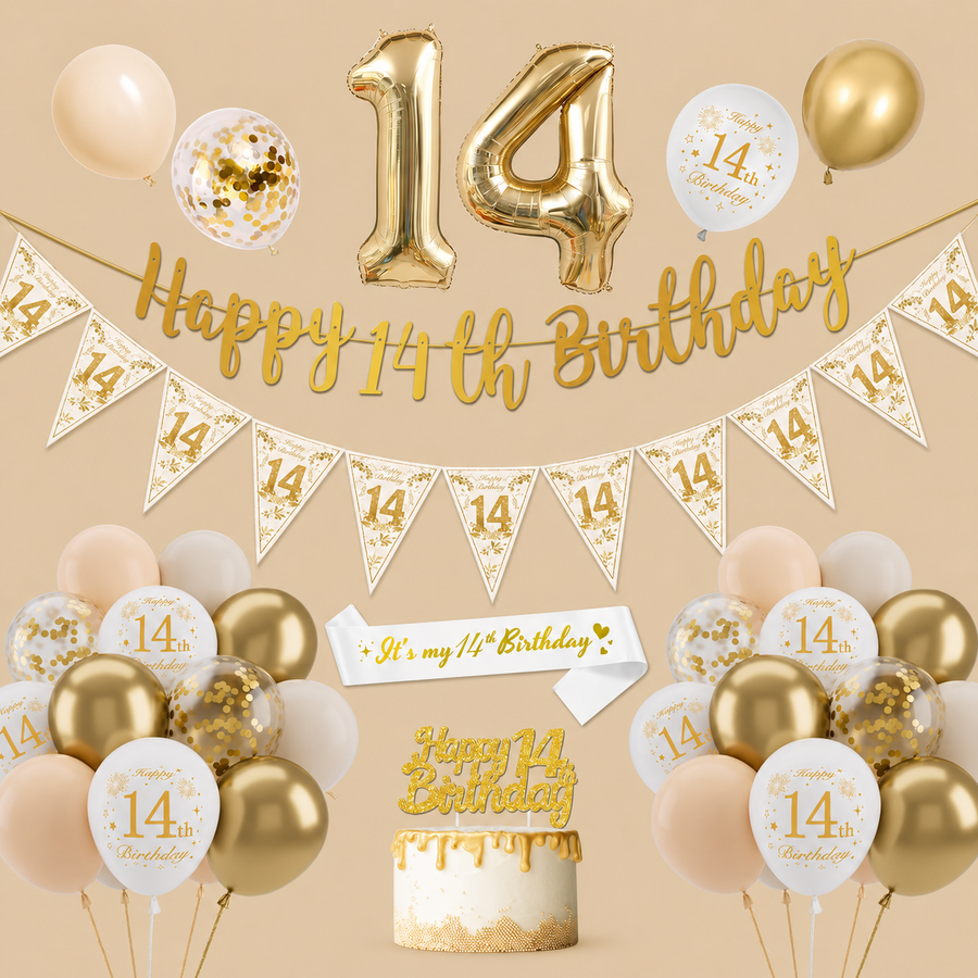 14th Birthday Gold & White Balloon Decoration Set
